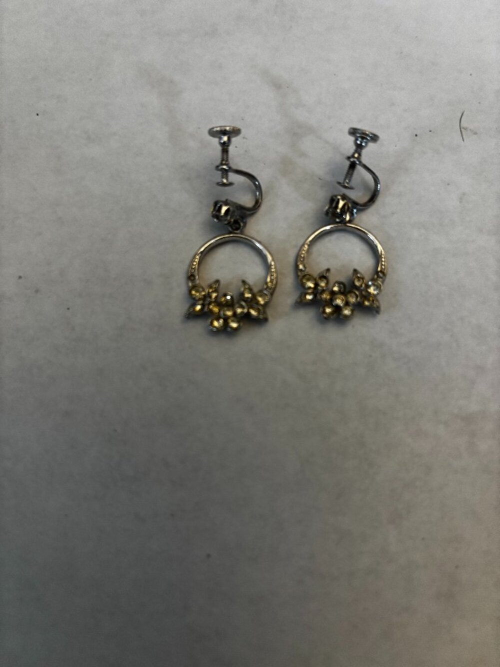 Screw back clip earrings silver tone hoops dangles rhinestone flower